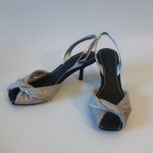Womens Sigerson Morrison Silver Sequin Peep Toe Strappy Leather Heels 6.5 *